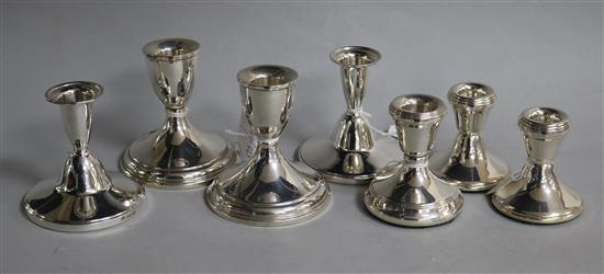 Three assorted pairs of late 20th century silver dwarf candlesticks, including Elkington & Co and a single dwarf candlestick